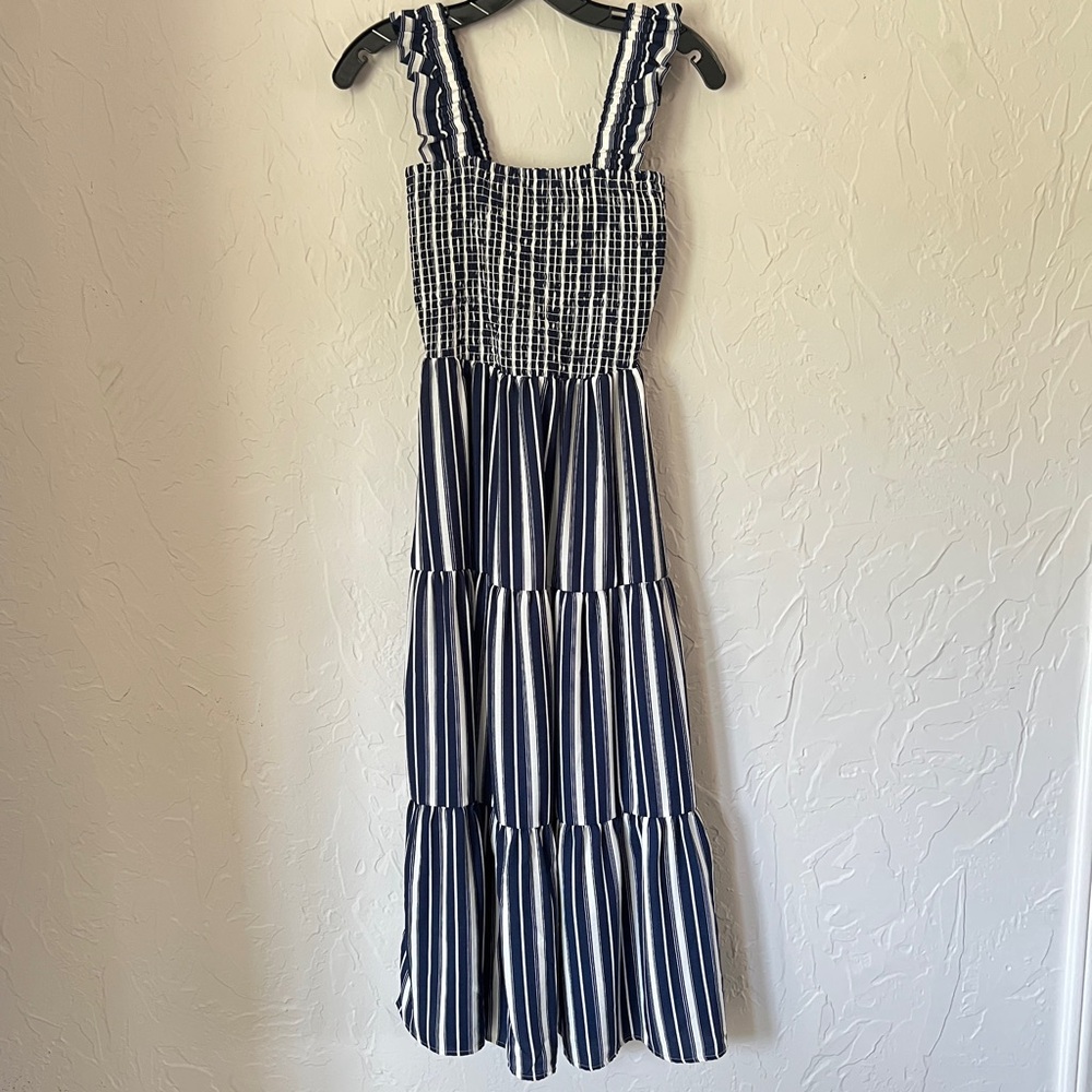 Stripe Smocked Maxi Dress, Size Small. Navy and white striped tiered maxi dress. - Picture 2 of 9